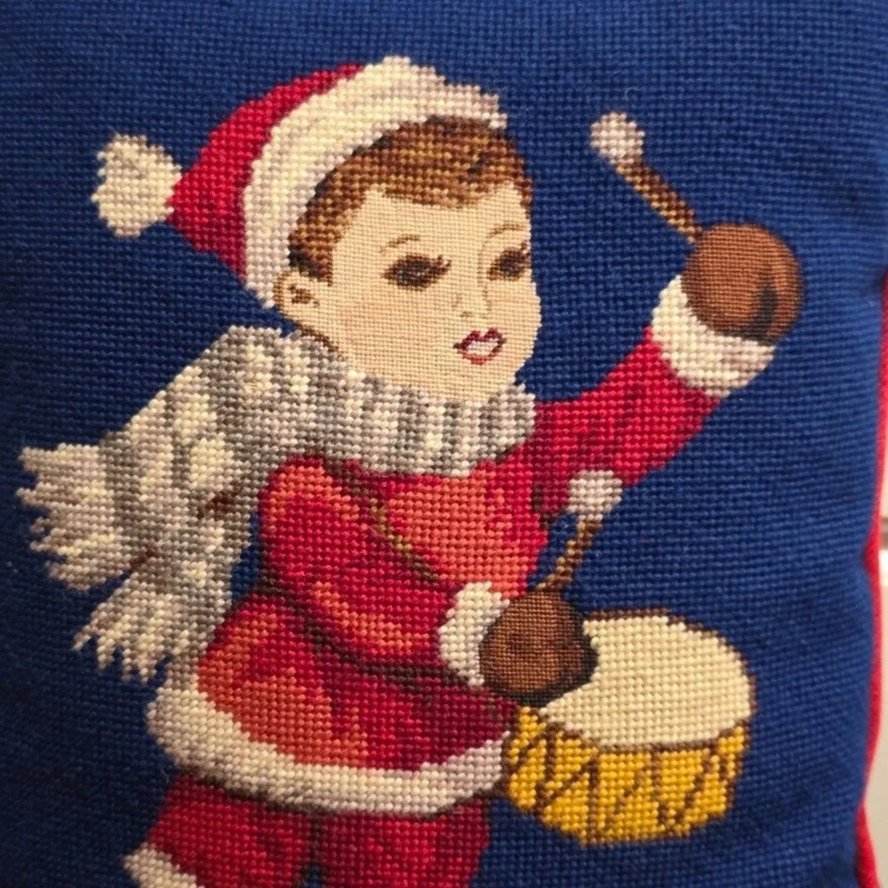 Vintage Christmas Needlepoint Throw Pillow, Little Drummer, Red Corduroy 15